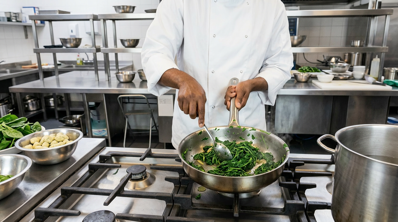 Student preparing spinach for Malfatti on a La Germania-style gas hob